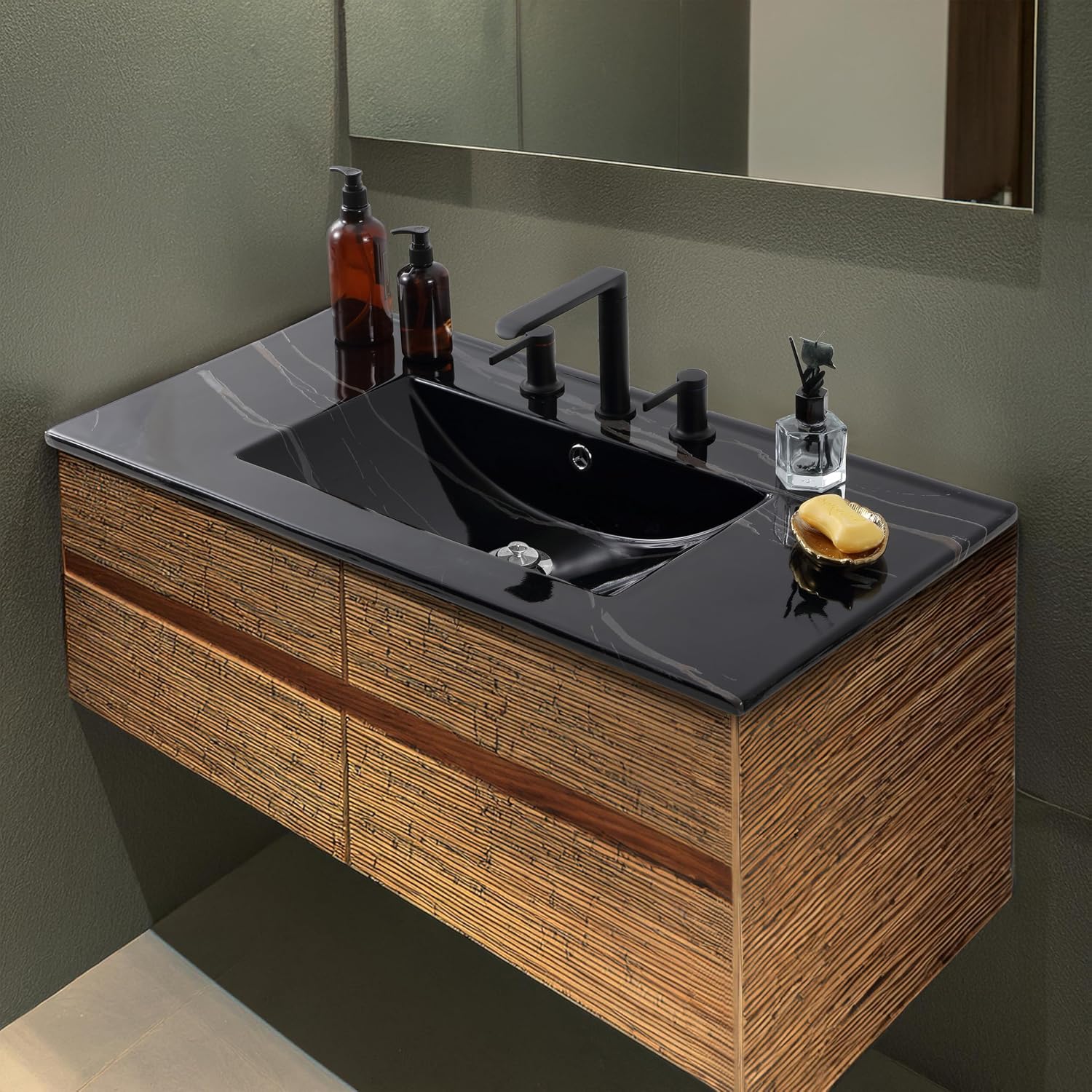 JONATHAN Y Ancillary 36 in. W x 18.25 in. D Ceramic Vanity Sink Top with 3-Hole Rectangular Single Sink Basin, Black Marble Effect SNK1003D