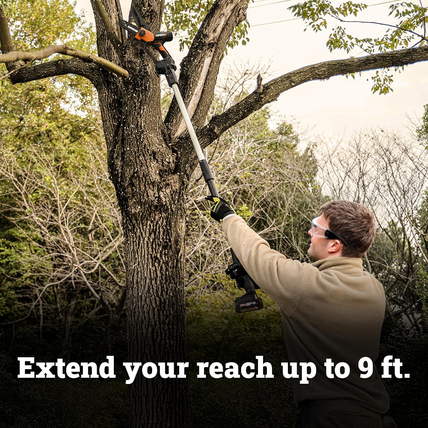 WORX Pole Chainsaw, 20V 5'' Pruning Saw with extension pole, Reach up to 9 ft, 25 ft/s Chain Speed, Includes 20V 2.0 Ah Battery and Charger, PowerShare,WG326.1