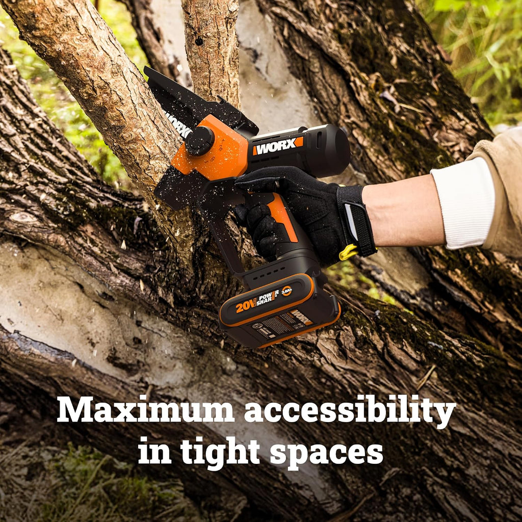 WORX Pole Chainsaw, 20V 5'' Pruning Saw with extension pole, Reach up to 9 ft, 25 ft/s Chain Speed, Includes 20V 2.0 Ah Battery and Charger, PowerShare,WG326.1