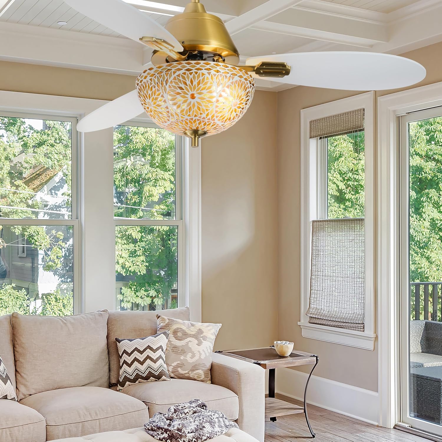 RIVER OF GOODS 42' W Pierre LED Indoor Gold and White Mosaic Glass Ceiling Fan with Remote Control