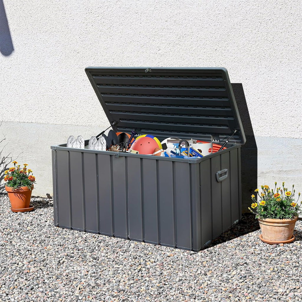 CHUNLY 120 Gallon Waterproof Deck Box with Lockable Resin Lid, Storage Bench w/Mobility Rollers, Outdoor All-weather Patio Storage Box for Outside Cushions, Garden Tools (Dark Gray)