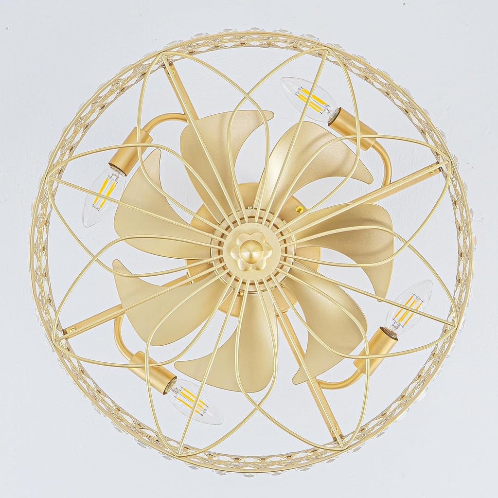 24 Inch Fandelier Ceiling Fan with Light and Remote, Luxury Crystal French Rococo Chandelier Fan, Bladeless Enclosed Caged Pendant Light Fixture for Living Room, Bedroom, Dining Room, Kitchen Island