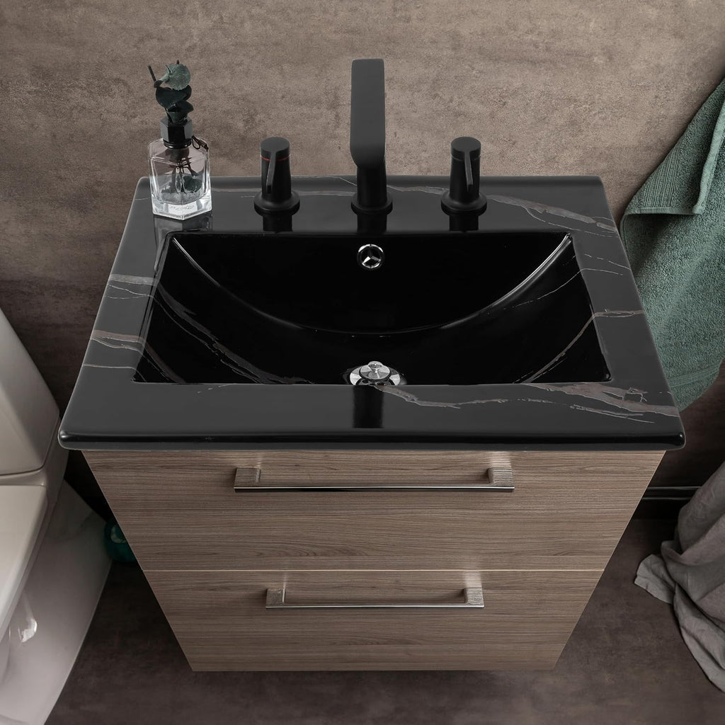 JONATHAN Y Ancillary 20 in. W x 18.25 in. D Ceramic Vanity Sink Top with 3-Hole Rectangular Single Sink Basin, Black Marble Effect SNK1000D