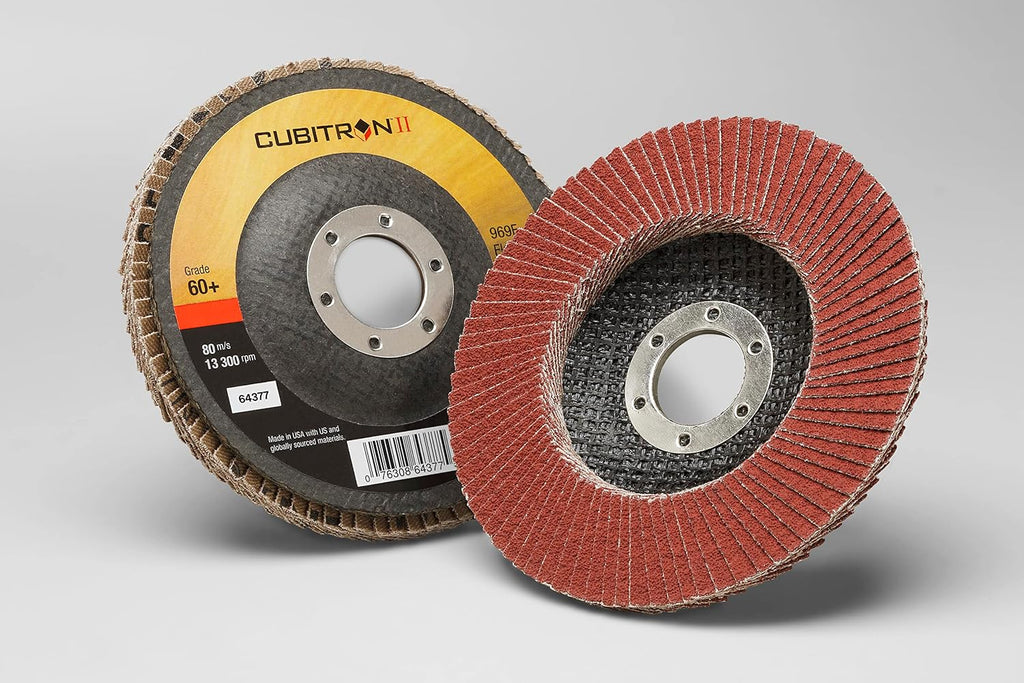 3M Cubitron II Flap Disc 969F, 80+, T29, 5 in x 7/8 in, Pack of 10, Polyester Backing, Heavy Grinding, Edge Deburring, Aggressive Weld Removal and Beveling