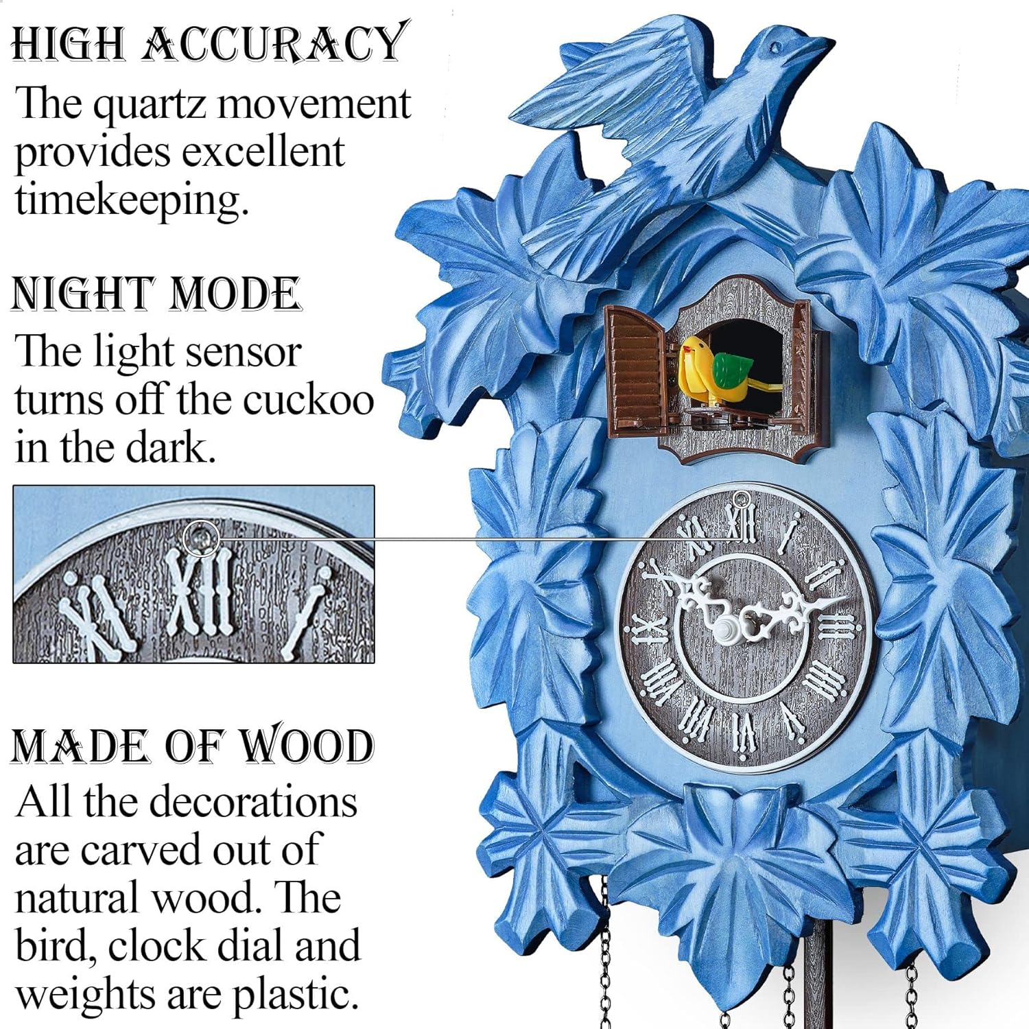 TIMEGEAR Cuckoo Clock with Night Mode, Hand Carved Decorations and Swinging Pendulum (Blue)