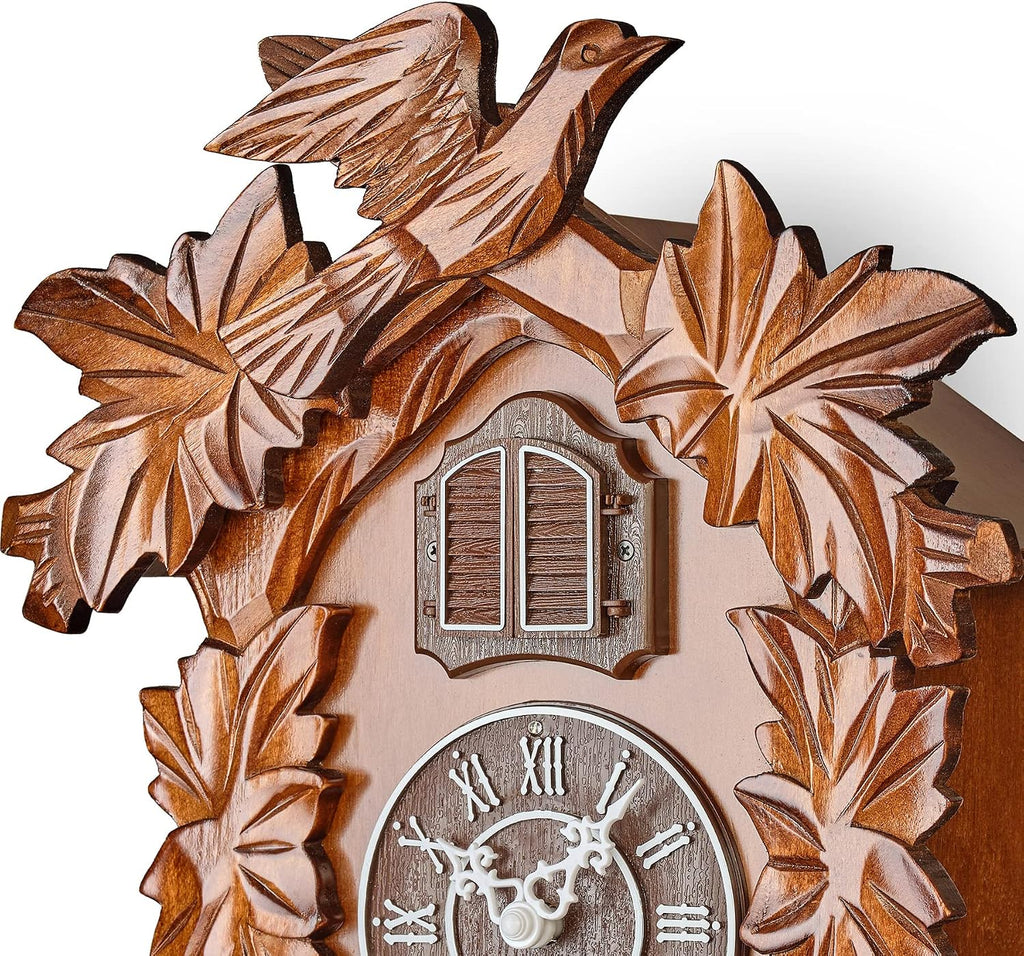 TIMEGEAR Cuckoo Clock with Night Mode, Hand Carved Decorations and Swinging Pendulum (Brown)