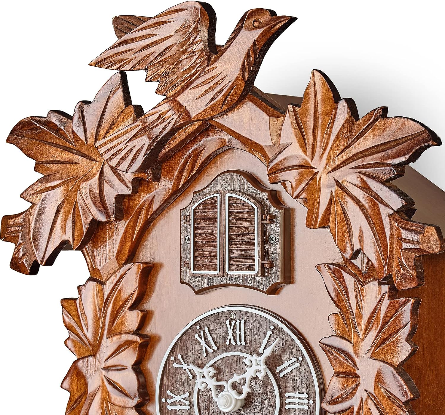 TIMEGEAR Cuckoo Clock with Night Mode, Hand Carved Decorations and Swinging Pendulum (Brown)