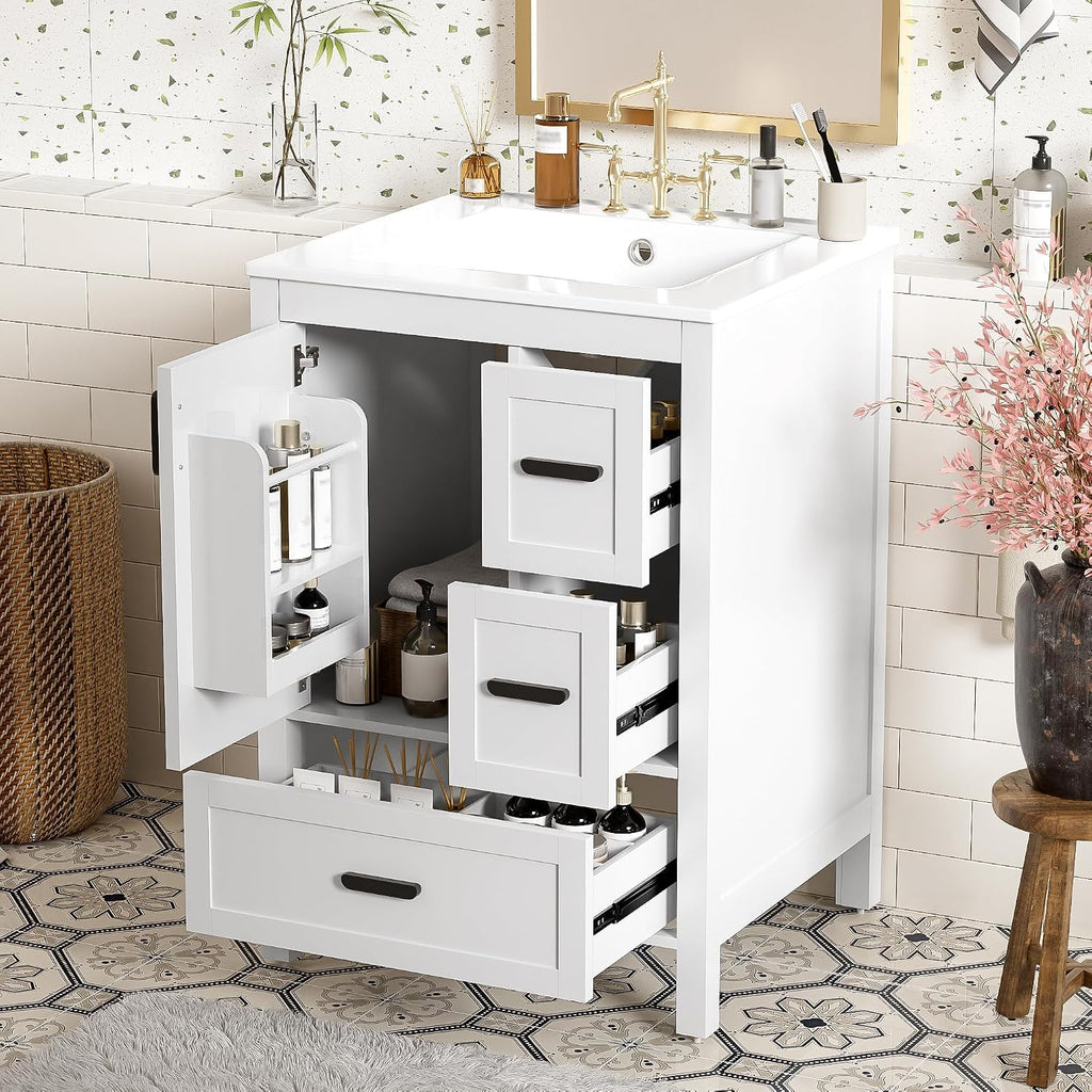 24' Bathroom Vanity with Sink, Harper & Bright Designs Free Standing Single Vanity Set with 3 Drawers and One Door with Storage Racks, Solid Wood Storage Cabinet with Ceramic Basin for Bathroom, White