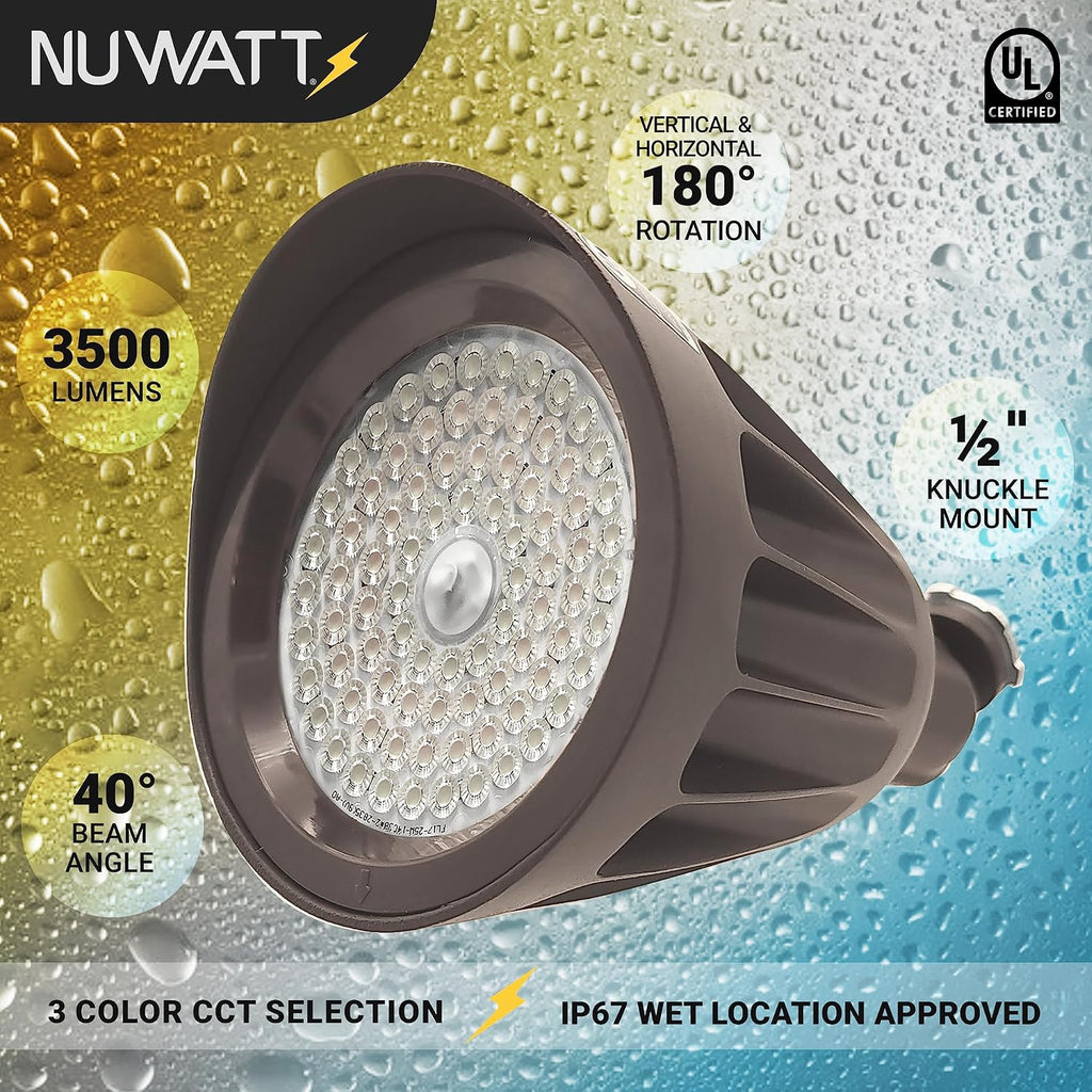 NUWATT 25W LED Bullet Spot Light for Outdoor Landscapes, 3500 LM Bright Illumination for Yard, 3000K/4000K/5000K Selectable, 1/2' Knuckle Mount, 120-277V Waterproof Flag Pole Light (12-Pack)