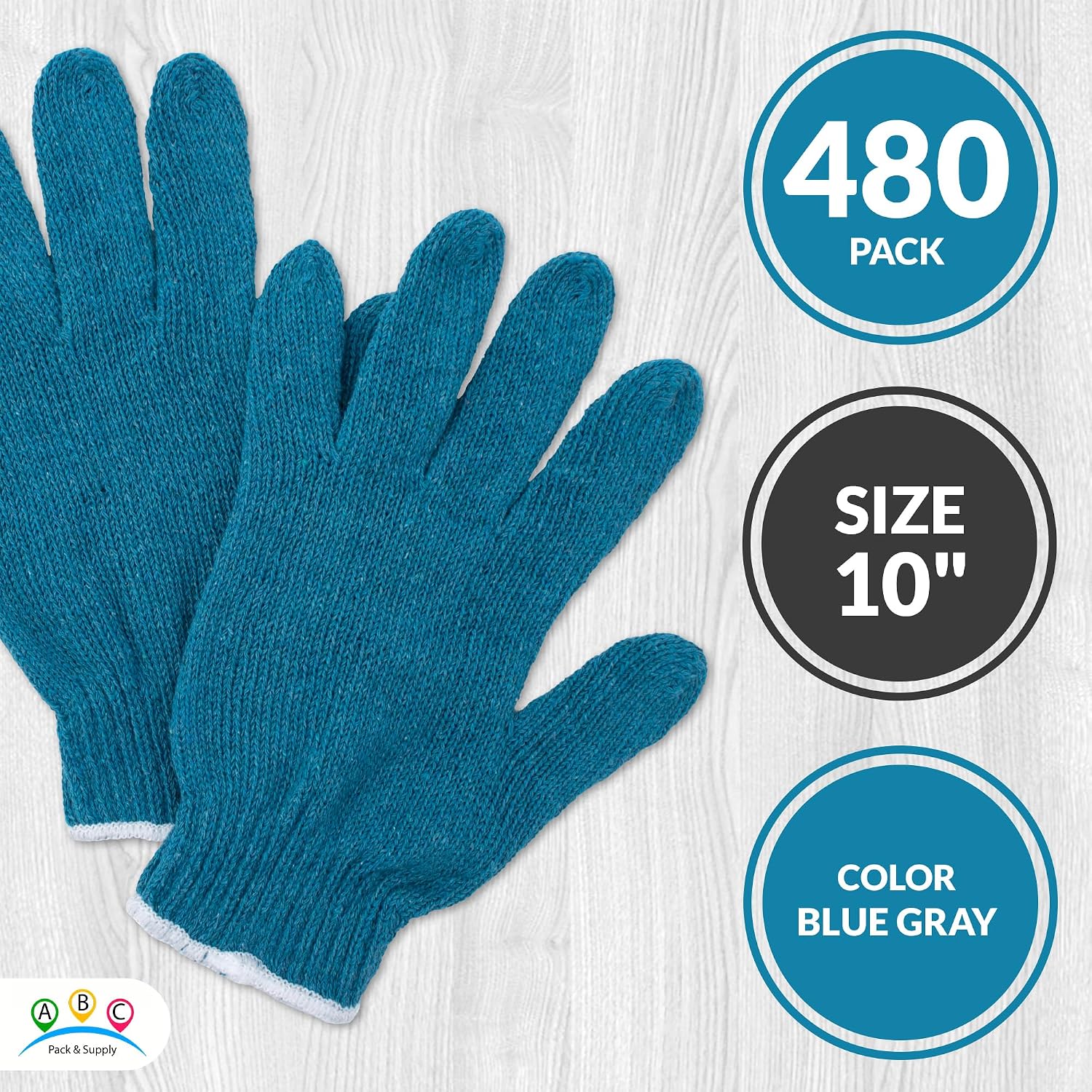String Knit Work Gloves, Cotton Polyester Blend, Blue Gray 10 Inch, Reusable Knit Gloves for Gardening and Work