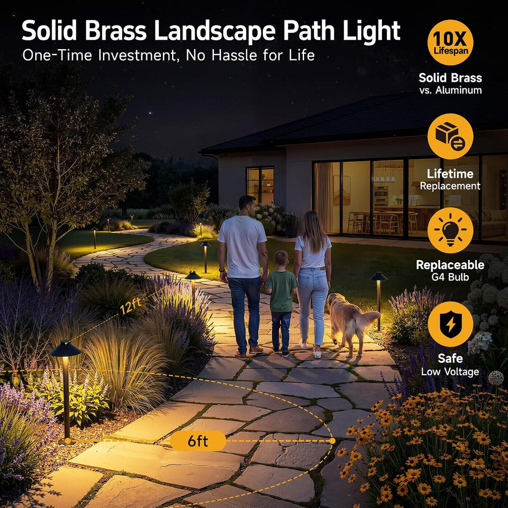 Gardenreet Brass Low Voltage Pathway Lights - 12V Landscape Path Lights Wired, LED Walkway Light Waterproof IP65, Hat Shaped ‎Classic Bronze for Outdoor Entrance Garden G4 Bulb Not Included (6 Pack)