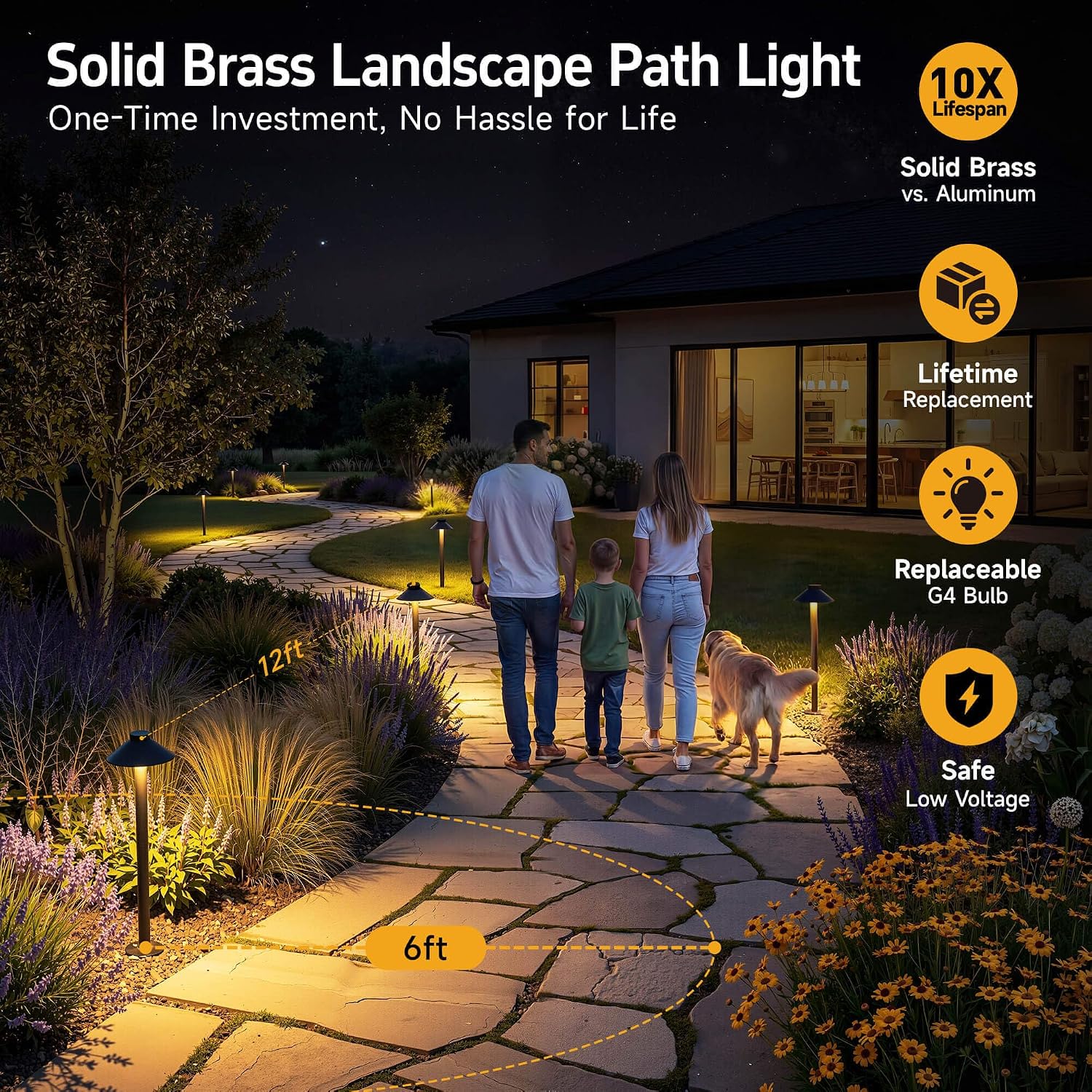 Gardenreet Brass Low Voltage Pathway Lights - 12V Landscape Path Lights Wired, LED Walkway Light Waterproof IP65, Hat Shaped ‎Classic Bronze for Outdoor Entrance Garden G4 Bulb Not Included (6 Pack)
