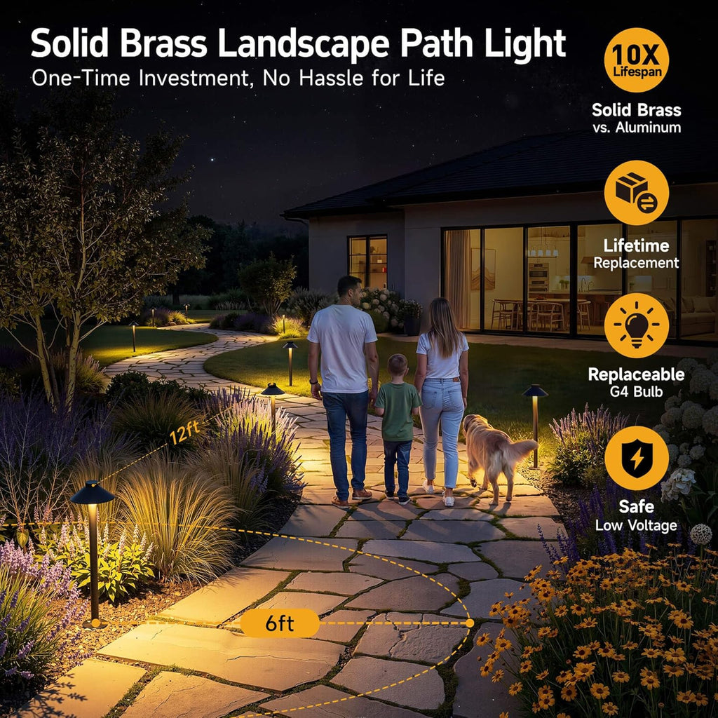 Gardenreet Brass Low Voltage Landscape Lighting - 12V LED Path Lights IP65 Waterproof, Hard-Wired Pathway Light Bronze for Outside Walkway Garden with 3W 2700K Warm White G4 Replaceable Bulb (6 Pack)