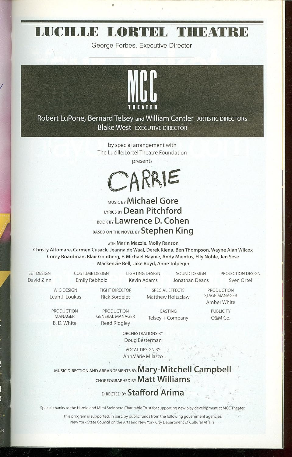 Carrie, Off-Broadway playbill + Molly Ranson, Marin Mazzie, Christy Altomare, Elly Noble