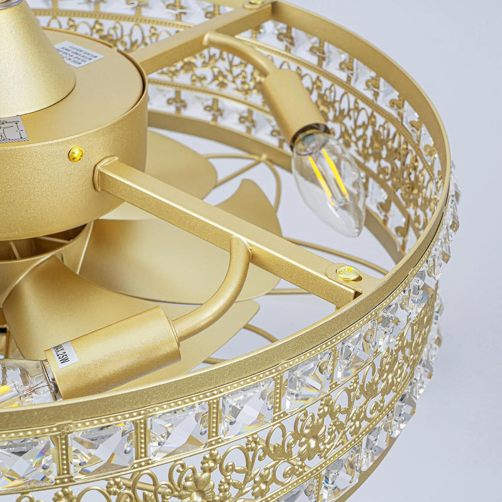 24 Inch Fandelier Ceiling Fan with Light and Remote, Luxury Crystal French Rococo Chandelier Fan, Bladeless Enclosed Caged Pendant Light Fixture for Living Room, Bedroom, Dining Room, Kitchen Island