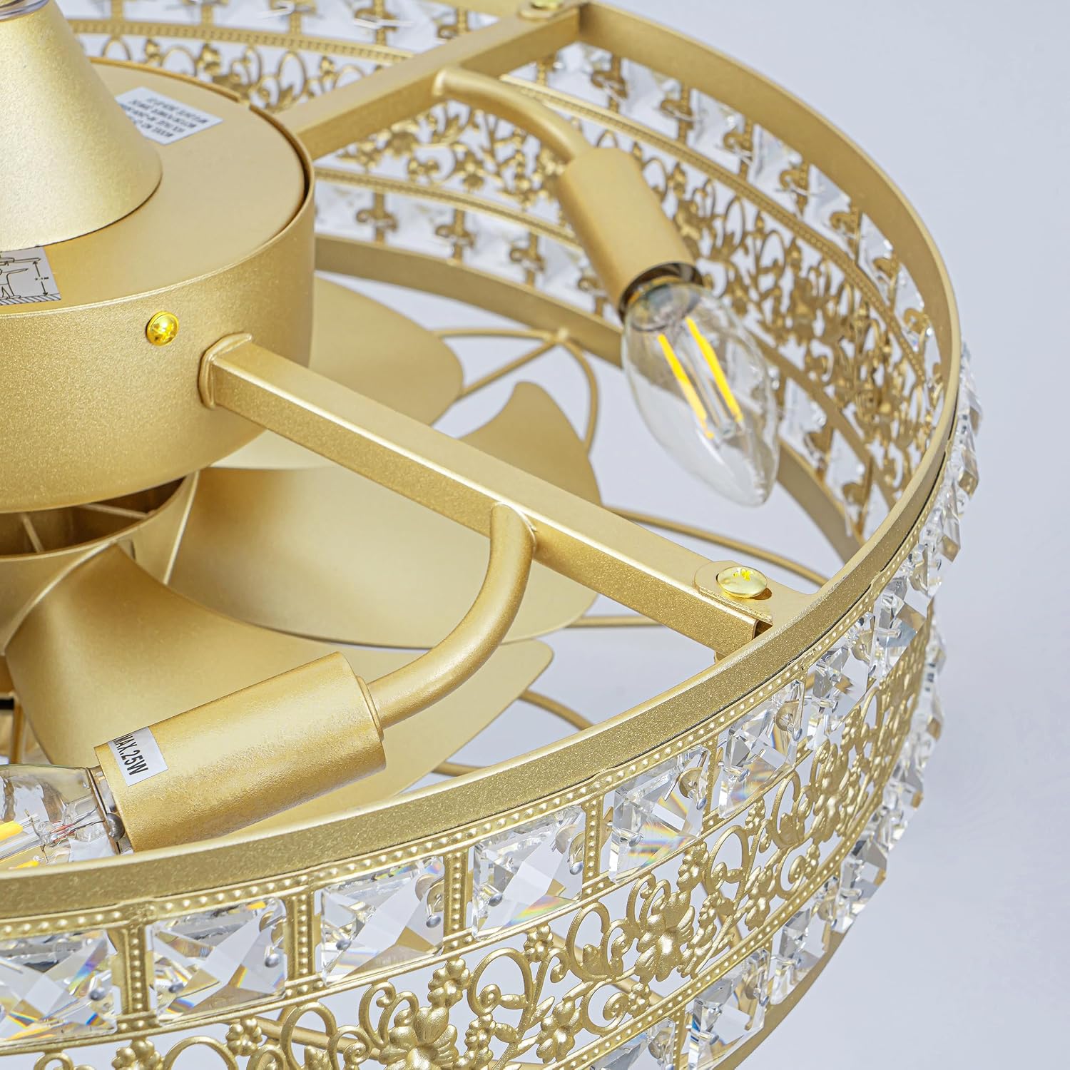 24 Inch Fandelier Ceiling Fan with Light and Remote, Luxury Crystal French Rococo Chandelier Fan, Bladeless Enclosed Caged Pendant Light Fixture for Living Room, Bedroom, Dining Room, Kitchen Island