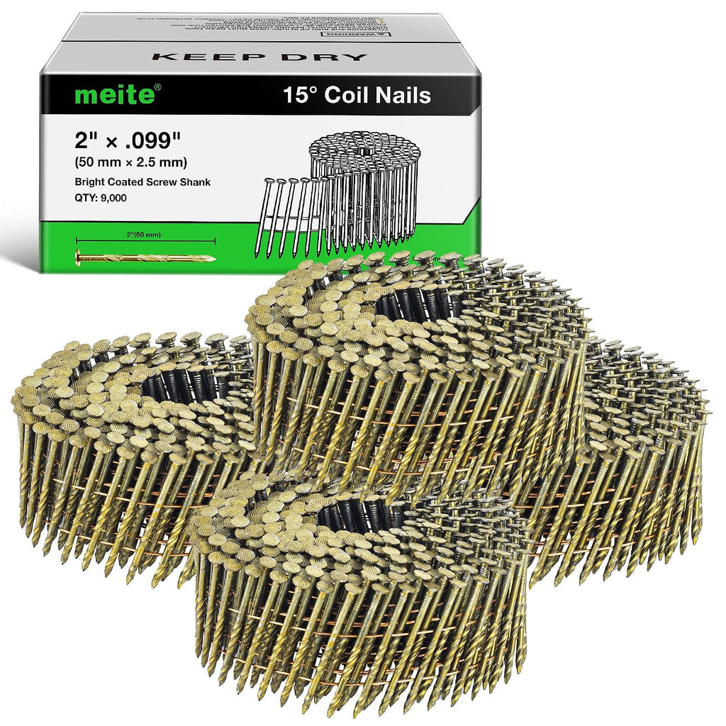 meite Siding Nails 15 Degree Coil Nails 2 Inch × .099 Inch Screw Shank Wire Collated Nails 9,000PCS, Full Round Head Bright Coated Siding Nails for Coil Nailer Sheathing Decking Fencing