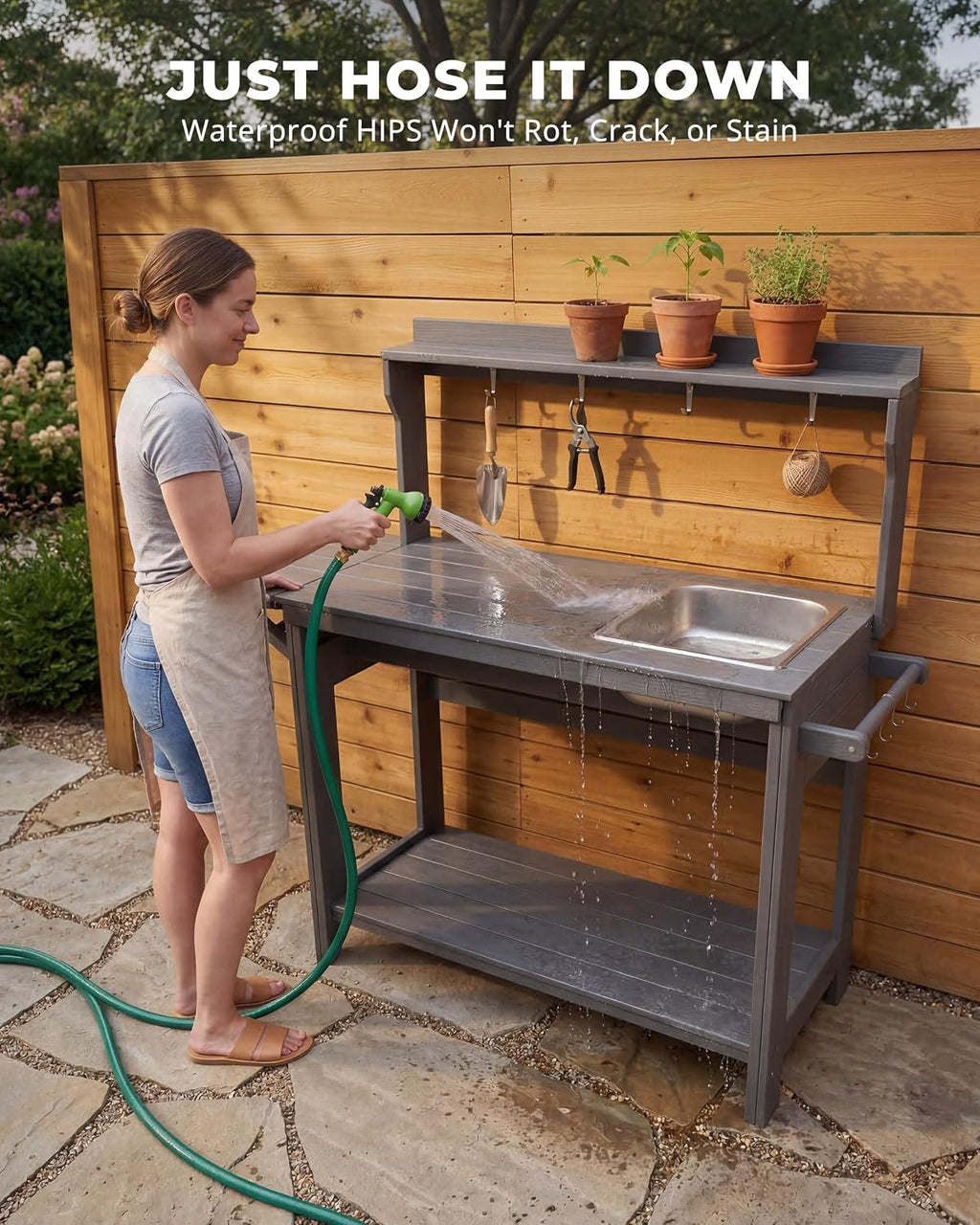 Outdoor Potting Bench Table with Removable Sink, Heavy Duty, Gray | All-weather HIPS, sleek gray finish, fold-out 51.8 in worktop, 7 tool hooks, storage shelves, 240 lb load, no rot or sealing