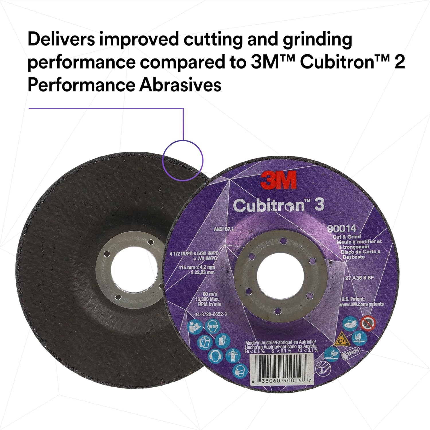 3M Cubitron 3 Cut and Grind Wheel, 90021, 36+, T27, 7 in x 5/32 in x 7/8 in, Pack of 10, ANSI, Longer Life, Faster Cut, Back-Gouging, Fillet Weld Removal, Cutting, Grinding