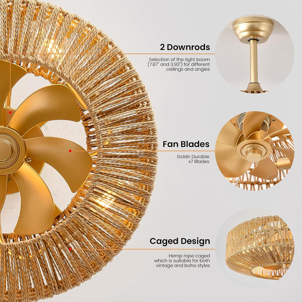 20 inch Boho Ceiling Fan with Light, 6 Speeds, Remote Control, Timer Function, Bladeless Design, Gold
