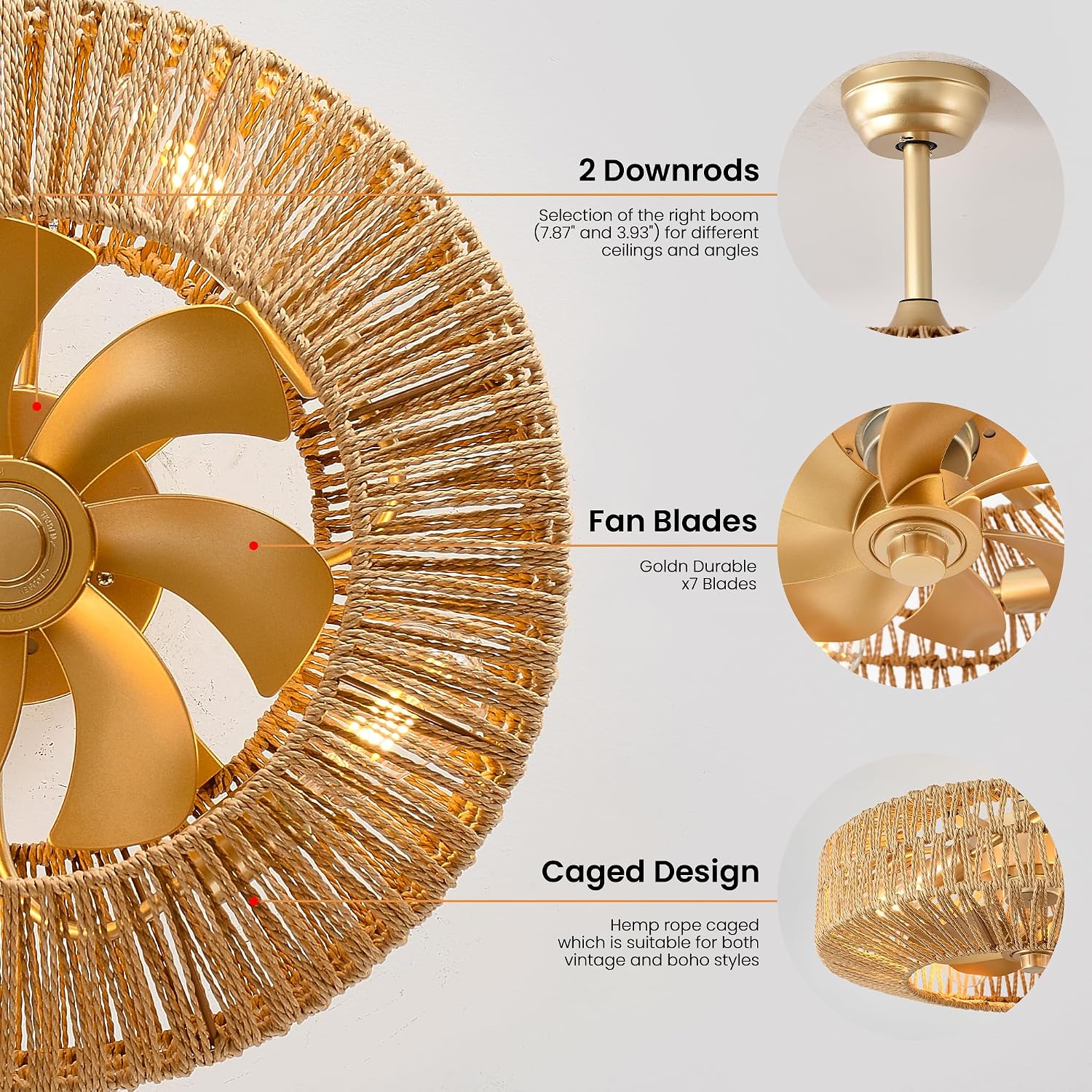 20 inch Boho Ceiling Fan with Light, 6 Speeds, Remote Control, Timer Function, Bladeless Design, Gold