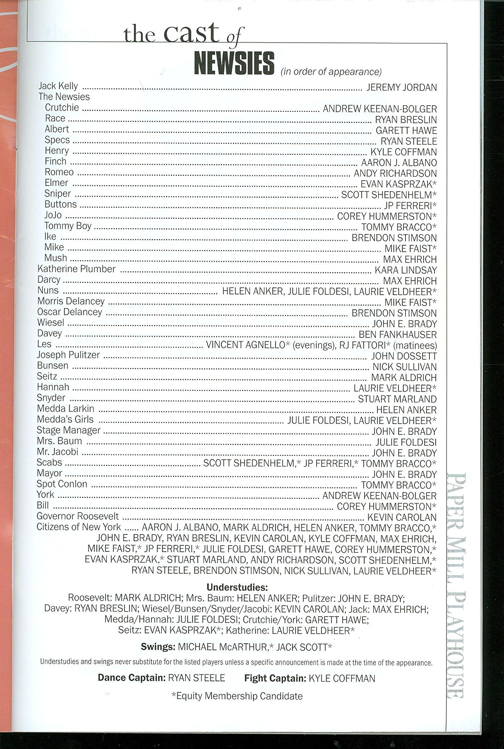 Newsies The Musical, pre-Broadway Playbill + Jeremy Jordan, John Dossett, Kara Lindsay, Andrew Keenan-Bolger, Vincent Agnello