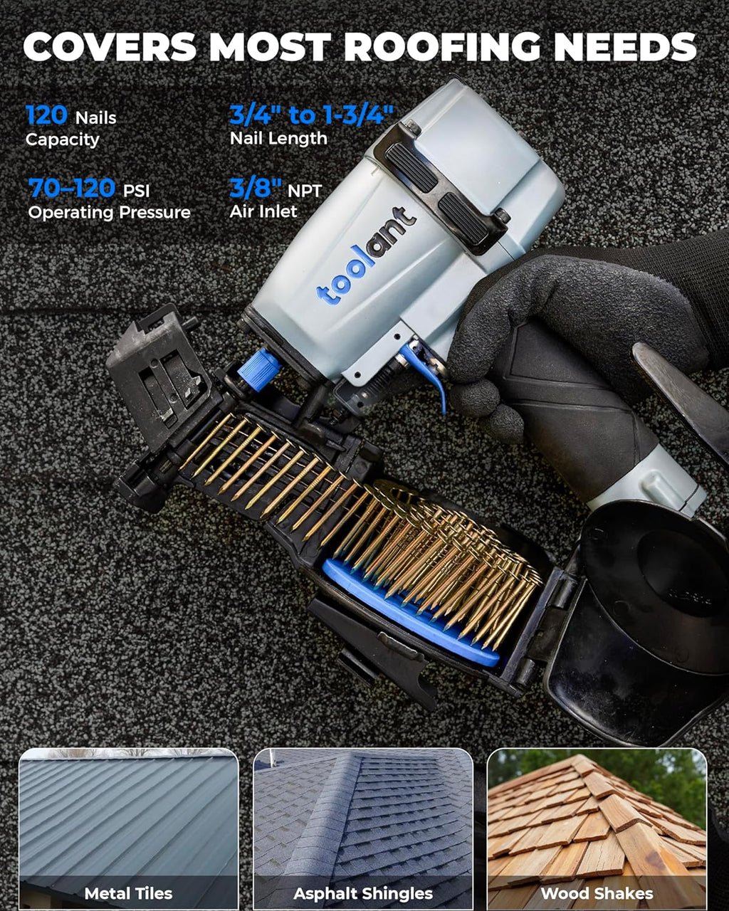 toolant Roofing Nailer, Pneumatic Roofing Nail Gun for 3/4' to 1-3/4' Nails, 120 Coil Capacity, 70-120 PSI, 15 Degree, Heavy Duty Roofing Tool for Asphalt Roofing Shingles, Fencing, and Wood Siding