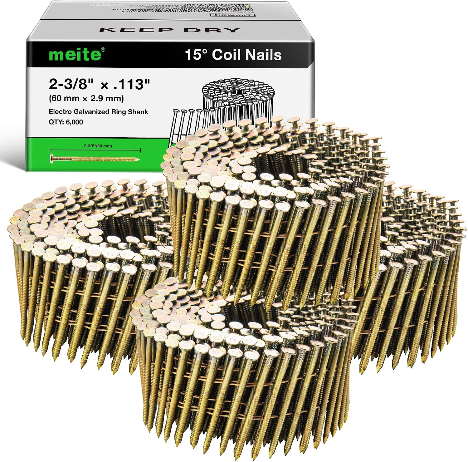 meite Siding Nails 15 Degree Coil Nails 2-3/8 Inch × .113 Inch Ring Shank Wire Collated Nails 6,000PCS, Electro-Galvanized Full Round Head Siding Nails for Coil Nailer Sheathing Decking Fencing