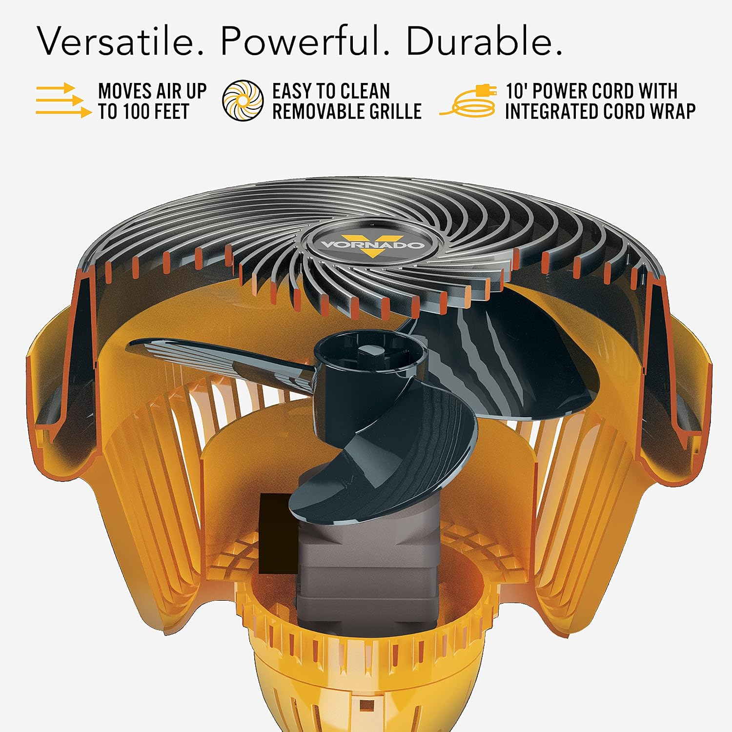 Vornado 293 Large Heavy Duty Shop Fan, 3 Speed Electric Fan, High Impact Casing, IP54-Rated Motor, Whole Room Air Circulator, Pivoting Head, Carry Handle, 16' Floor Fan for Bedroom and Garage, Yellow
