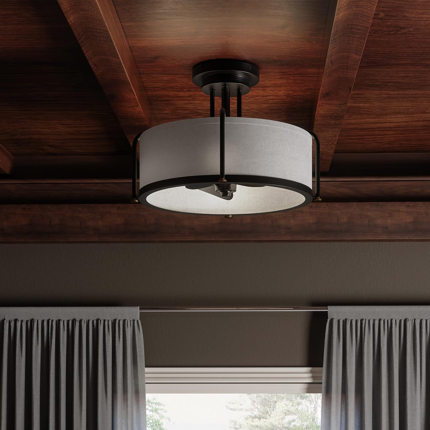 Quoizel Calvary 4-Light Western Bronze Ceiling Fan with Light, 12-Inch Blade Span Fandelier, 3 Brown Blades, LED Flush Mount Ceiling Light Fan with Dimmable 6W Bulbs | 3-Speed Remote