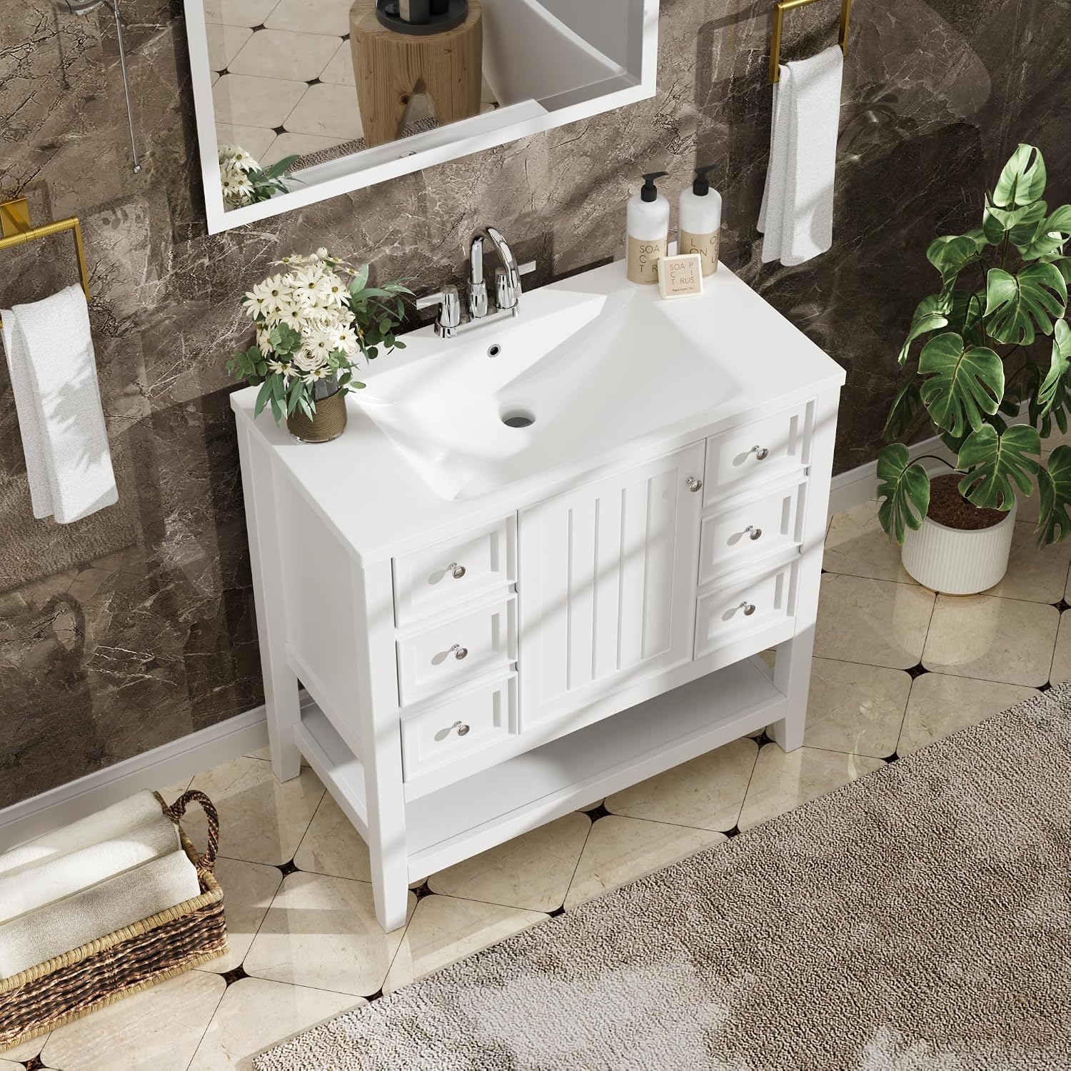 36' Vanity Bathroom Cabinet with Sink Top, Three Multi-Functional Drawers, Open Storage Space, Adjustable Shelf, White