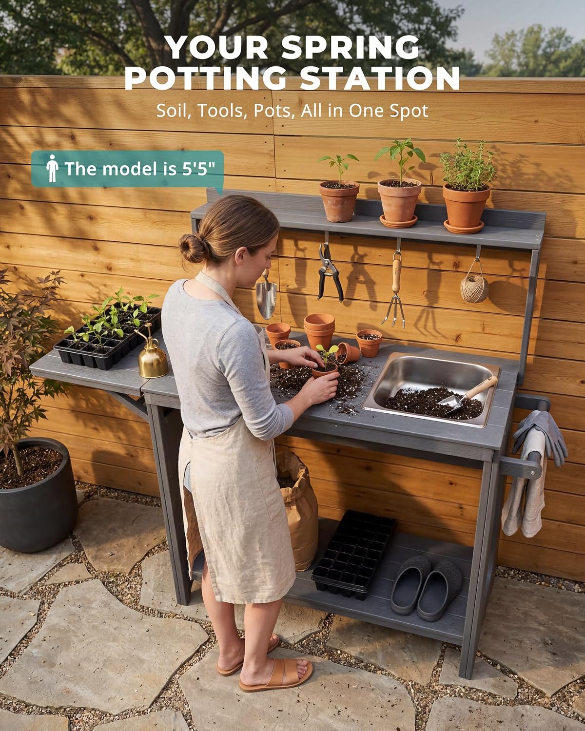 Outdoor Potting Bench Table with Removable Sink, Heavy Duty, Gray | All-weather HIPS, sleek gray finish, fold-out 51.8 in worktop, 7 tool hooks, storage shelves, 240 lb load, no rot or sealing