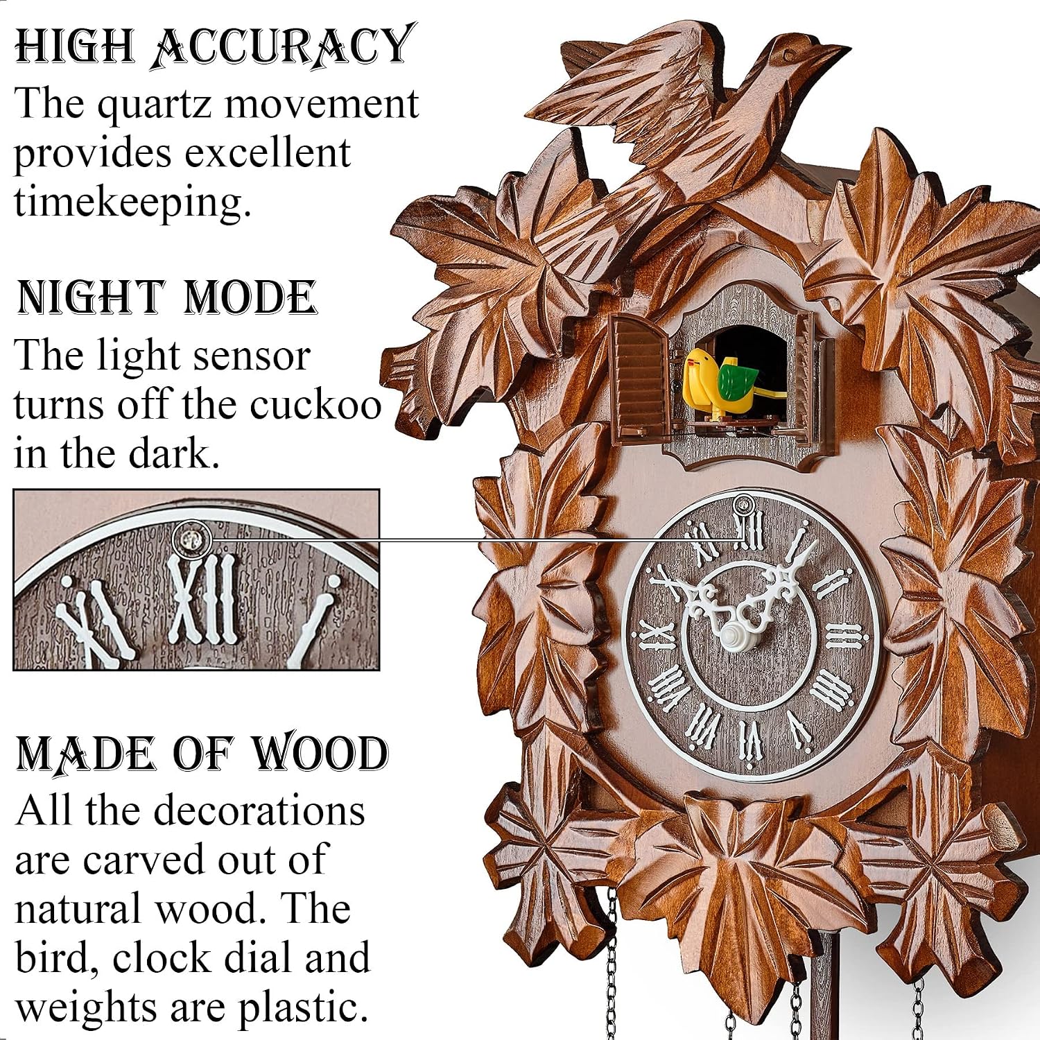 TIMEGEAR Cuckoo Clock with Night Mode, Hand Carved Decorations and Swinging Pendulum (Brown)