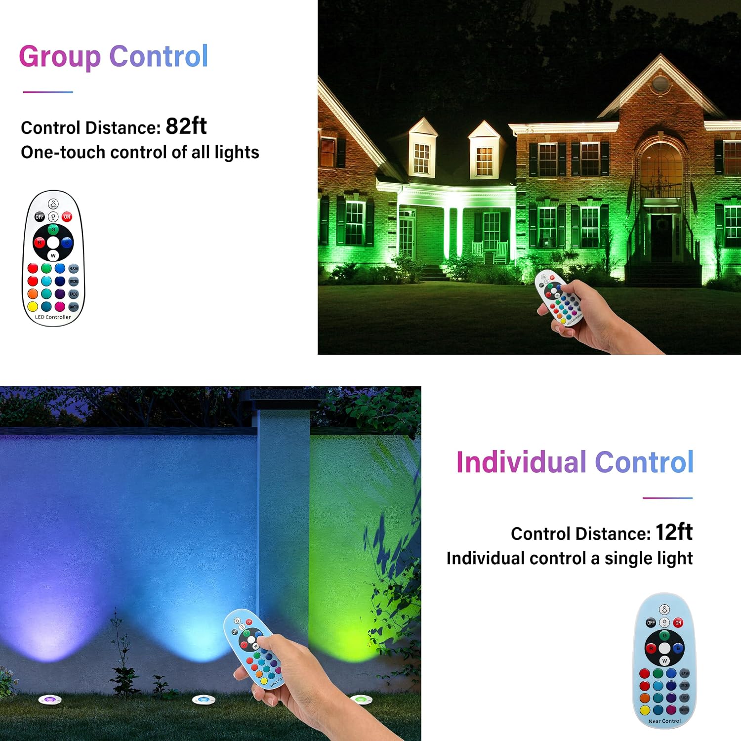 12Pack Low Voltage Outdoor Landscape Lighting RGBW Spotlight,Color Changing Outdoor Ground Light,12Pack IP67 Waterproof Pathway Tree Lights,Low Voltage LED In-Ground Light for Garden Yard