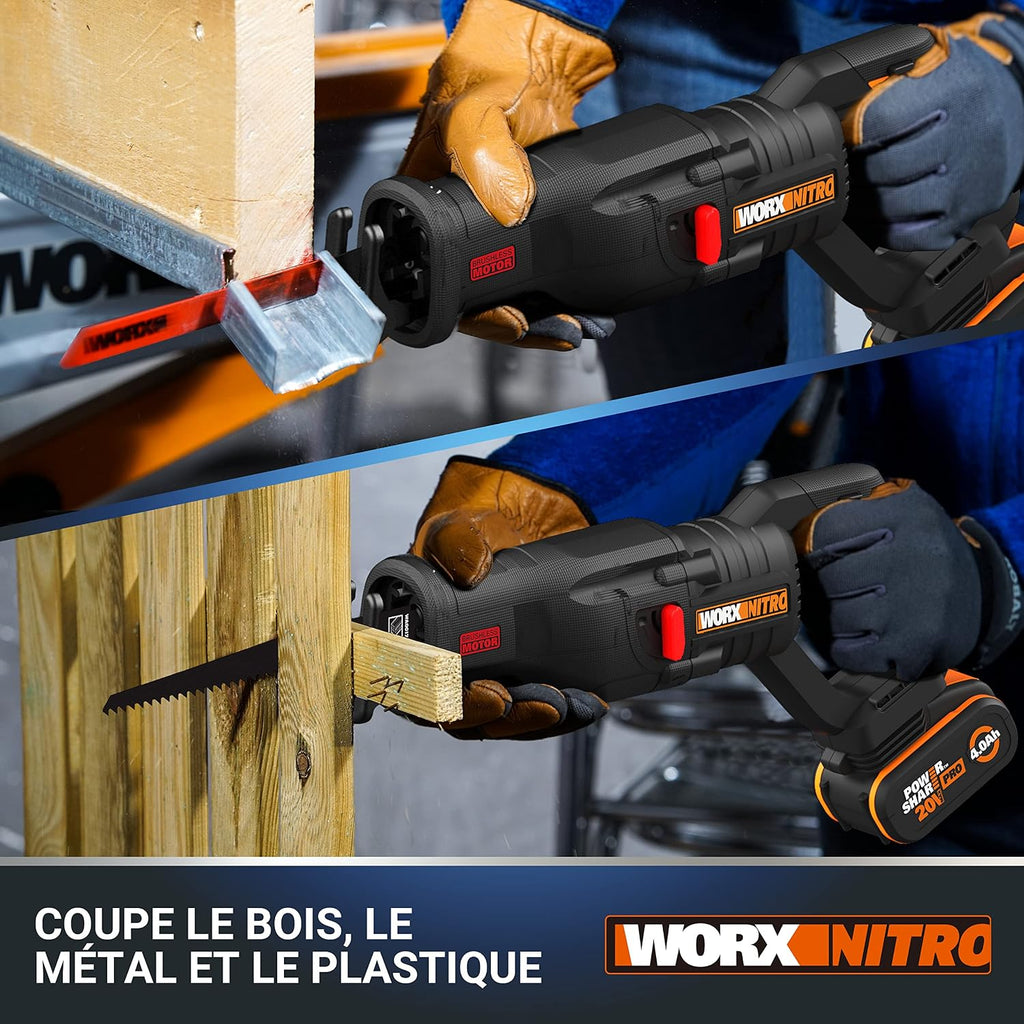WORX 20V WX516 Cordless Sabre Saw, 29 mm Stroke, Up to 300 mm, Brushless Motor, Multi-Material, Variable Speed, Lightweight and Ergonomic, with 1 x 4Ah Battery and Charger