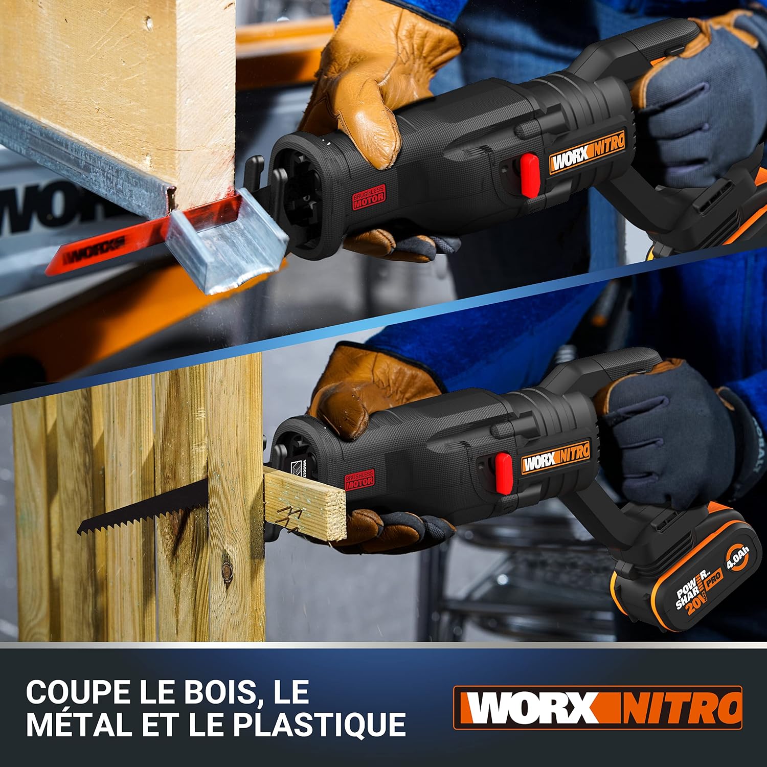 WORX 20V WX516 Cordless Sabre Saw, 29 mm Stroke, Up to 300 mm, Brushless Motor, Multi-Material, Variable Speed, Lightweight and Ergonomic, with 1 x 4Ah Battery and Charger
