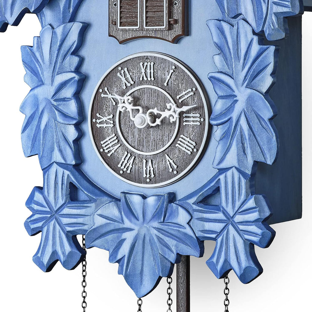 TIMEGEAR Cuckoo Clock with Night Mode, Hand Carved Decorations and Swinging Pendulum (Blue)