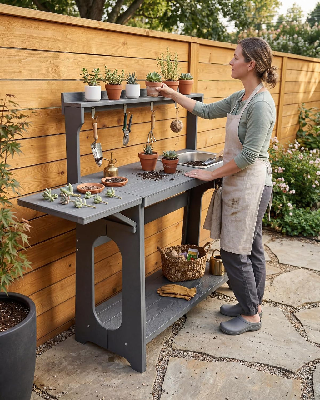 Outdoor Potting Bench Table with Removable Sink, Heavy Duty, Gray | All-weather HIPS, sleek gray finish, fold-out 51.8 in worktop, 7 tool hooks, storage shelves, 240 lb load, no rot or sealing