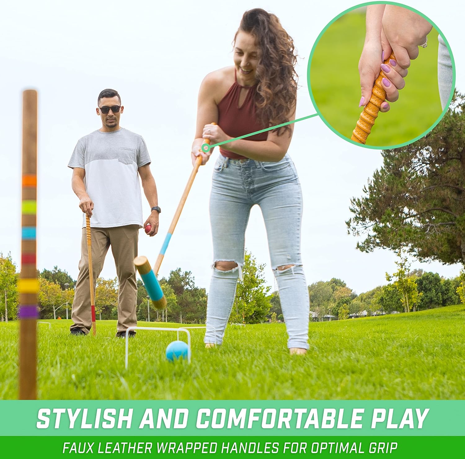 GoSports Premium Wood Stained Six Player Croquet Set with Handcrafted Wooden Stand