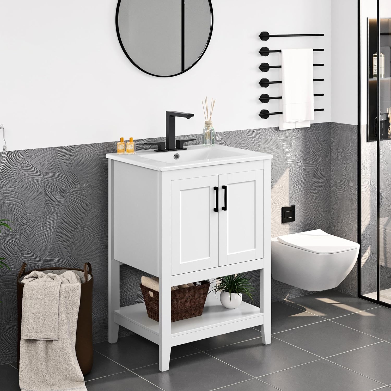 Yaheetech 24' Modern Bathroom Vanity with Sink, Bathroom Sink Cabinet with Rectangular Ceramic Basin, Bathroom Vanities Cabinet with 2 Doors and 1 Open Shelf, White