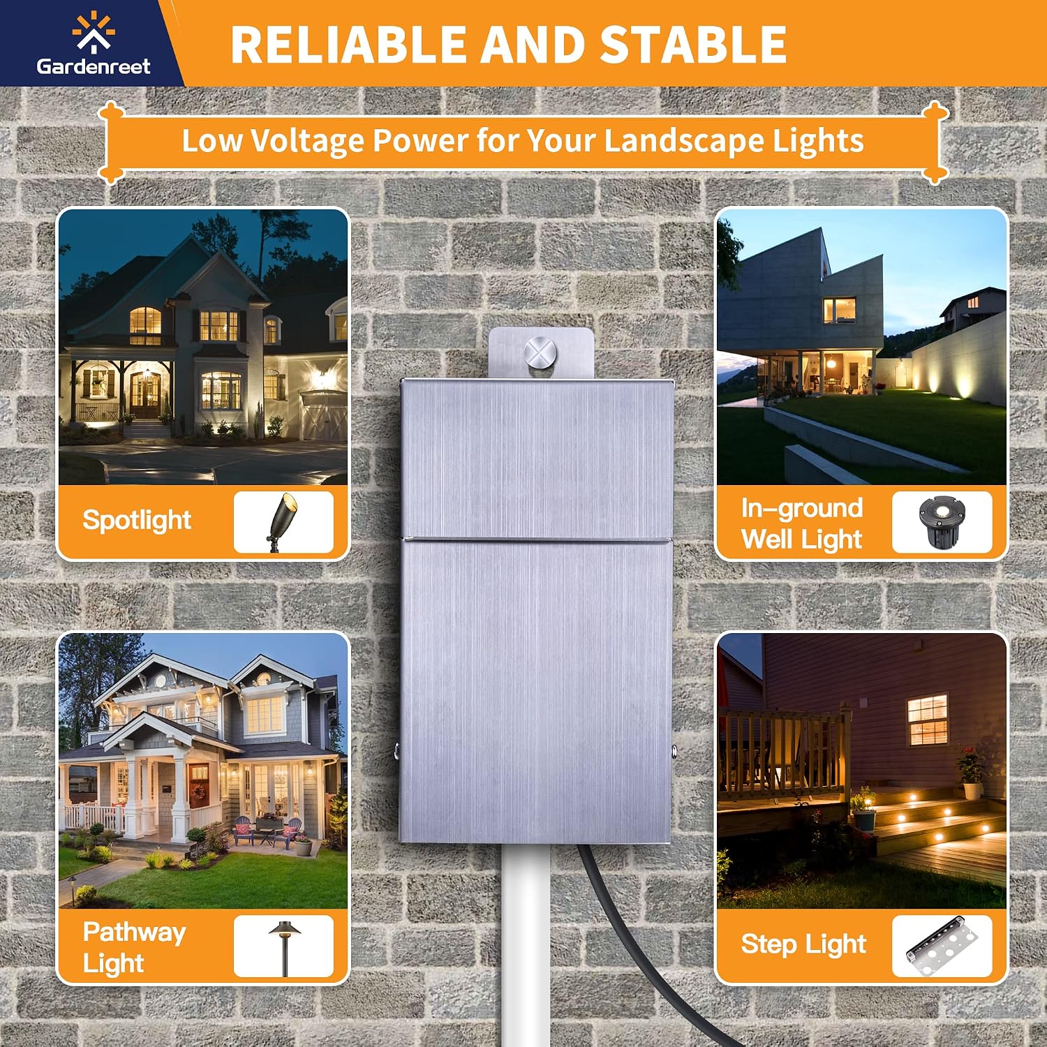 Gardenreet 75W Low Voltage Transformer with Mechanical Timer, Multi-Tap (120V AC to 12V/15V AC), Stainless Steel Shield for Outdoor Landscape Lighting, Spotlight, Pathway Light, Step Light(ETL Listed)
