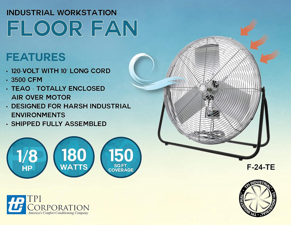 TPI Corporation F24-TE 24' Heavy Duty Floor Fan — 3 Speed Industrial Workstation Shop Fan — Commercial Grade Air Circulation Fan — 120v Single Phase