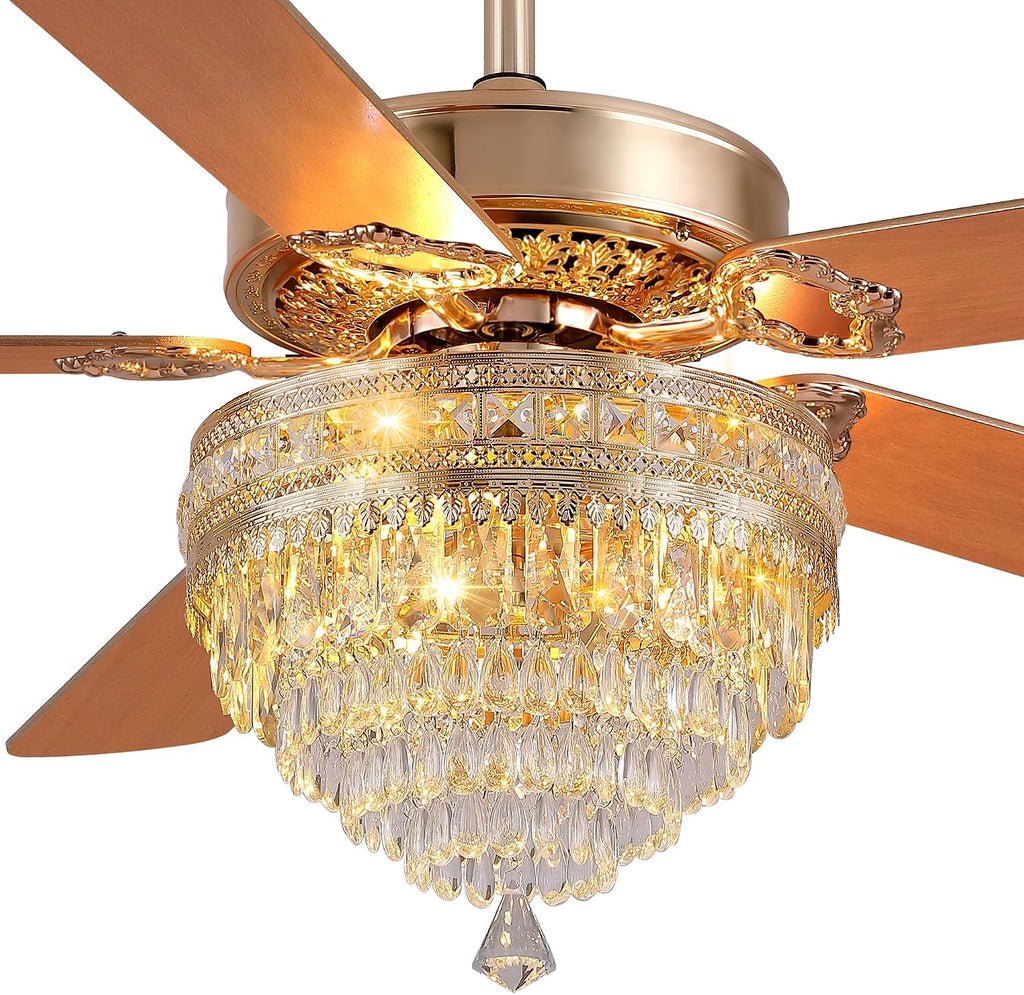 GJeg Crystal Ceiling Fan Fandelier with Lights - Retro Outdoor Fans with Remote Control, Farmhouse Ceiling Fan with Noiseless DC Reversible Motor,Dining Room,Living Room(62' Gold)