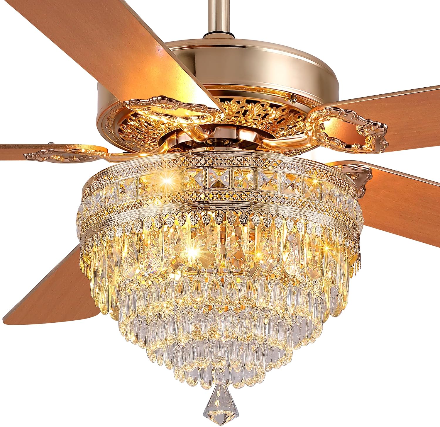 GJeg Crystal Ceiling Fan Fandelier with Lights - Retro Outdoor Fans with Remote Control, Farmhouse Ceiling Fan with Noiseless DC Reversible Motor,Dining Room,Living Room(62' Gold)