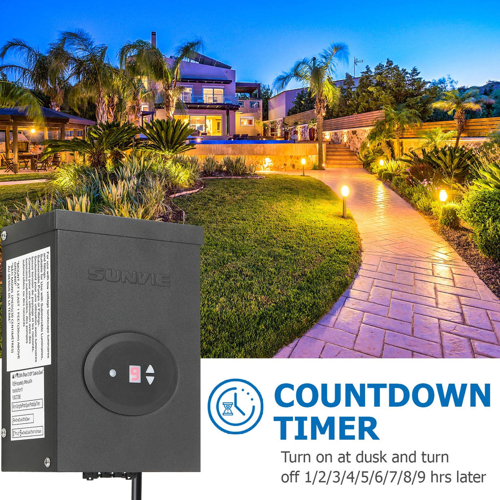 SUNVIE 300W Landscape Lighting Transformer with Timer and Photocell Sensor, 100FT 14/2 Low Voltage Landscape Wire, 120V to 12V/14V AC Outdoor Low Voltage Transformers for Garden Lights