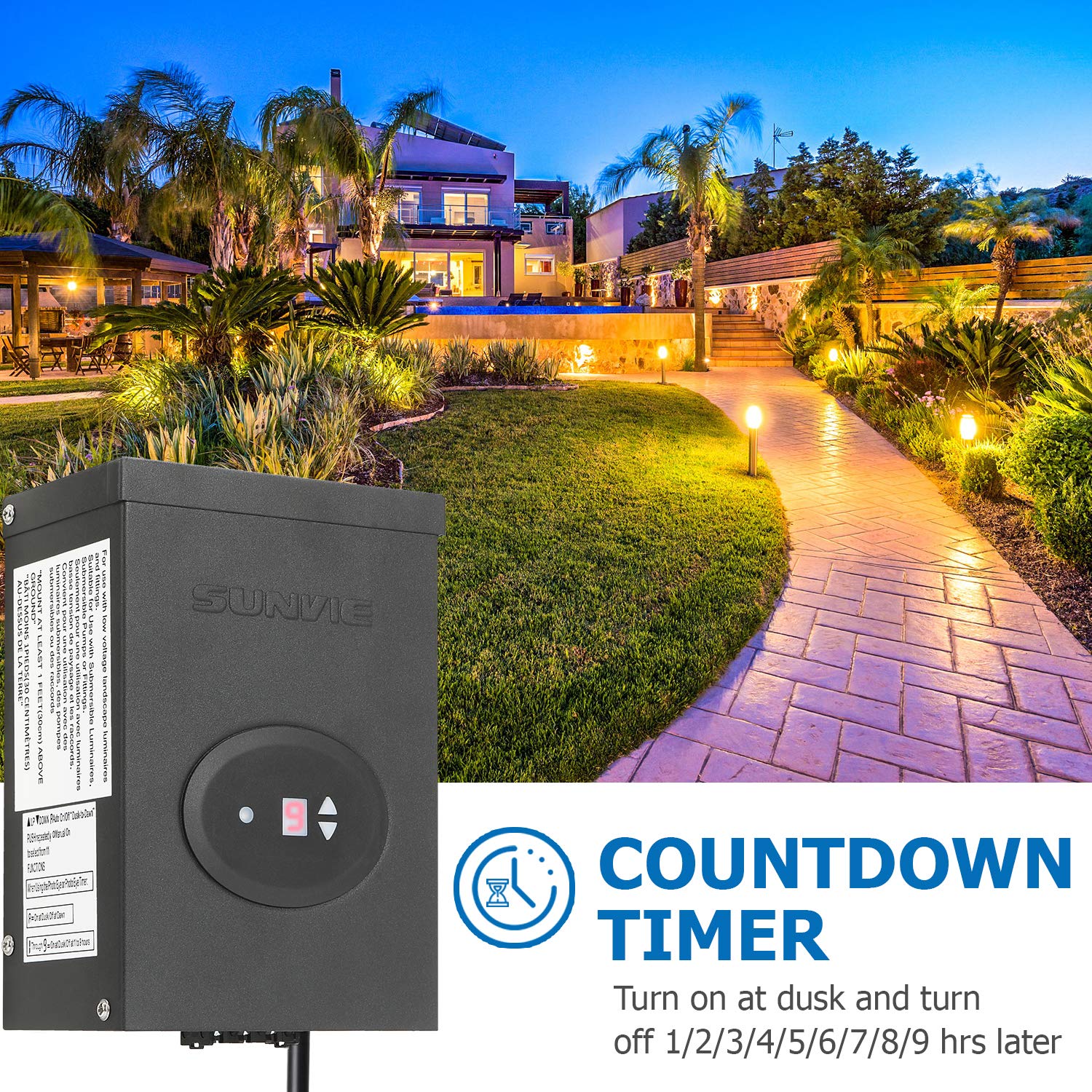 SUNVIE 300W Landscape Lighting Transformer with Timer and Photocell Sensor, 100FT 14/2 Low Voltage Landscape Wire, 120V to 12V/14V AC Outdoor Low Voltage Transformers for Garden Lights