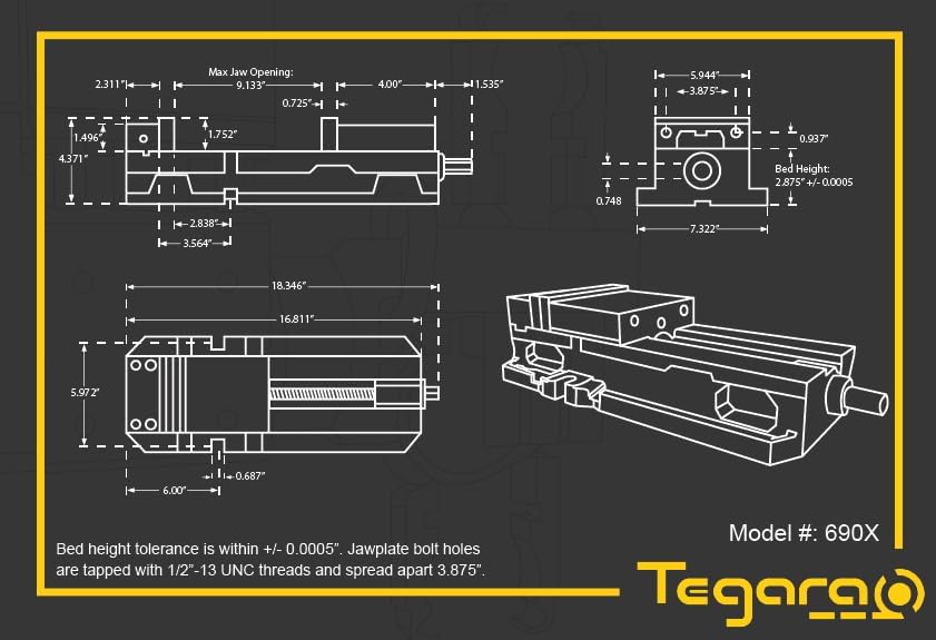 Tegara 690X 6' CNC Milling Machine Vise with Location Holes and Vise Key Slot 202-0990 R[