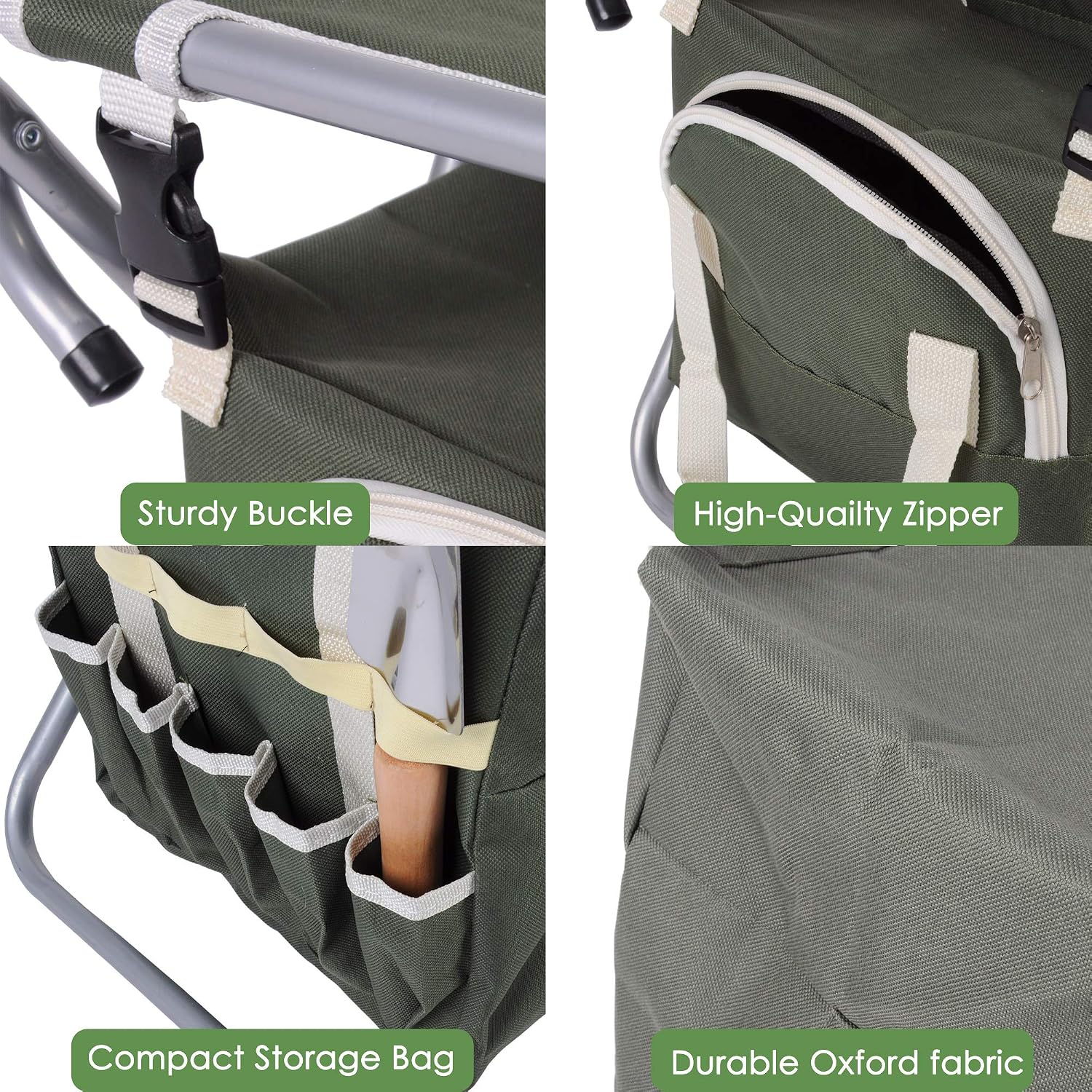 9 Pieces Garden Tools Set with Folding Chair, Stainless Steel Heavy Duty Hand Tool w/Organizer Tote Bag, Wooden Handle & Gloves - Gardening Gifts for Men Women