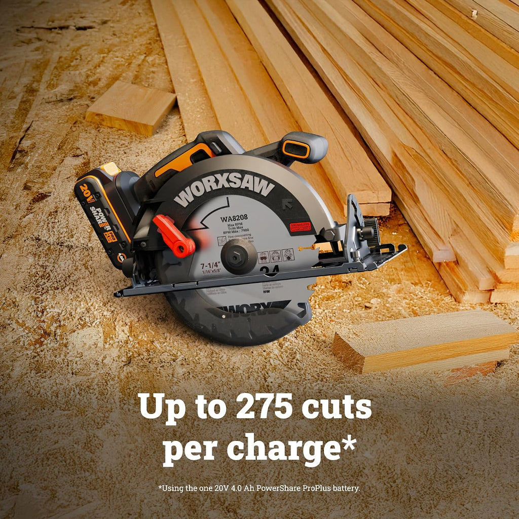WORX Cordless Circular Saw, 20V 7-1/4-Inch Blade Brushless Circular Saw, Powerful and Faster Cutting with up to 6,100 RPM, Ultra-lightweight Design, 20V 4.0 Ah Battery and Charger Included, PowerShare
