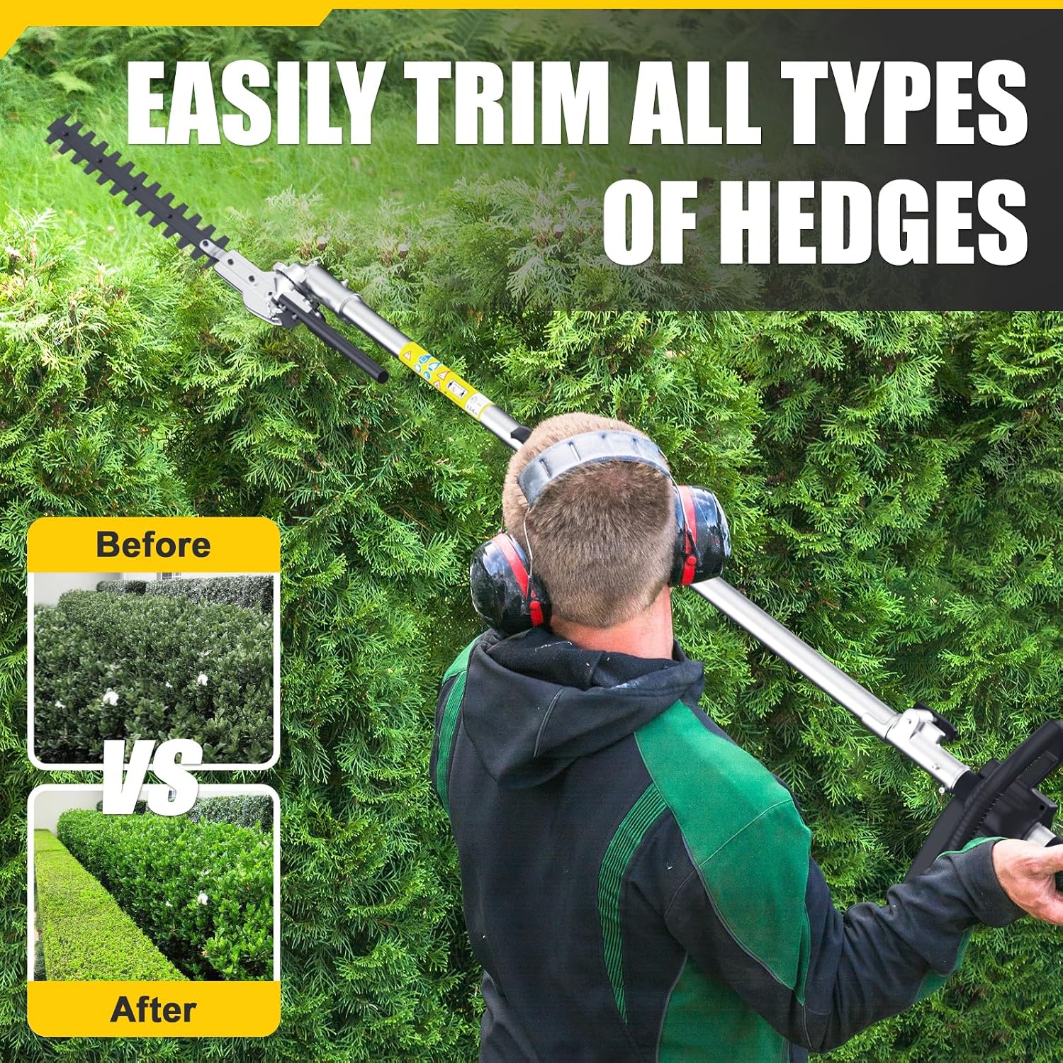 17'' Gas Hedge Trimmer, 48cc 2 Cycle Gas Powered Hedge Trimmer Brush Cutter,Pole Saw with Extension Pole Garden Trimming Tools for Tree Trimming and Branch Cutting (Maximum extends is 10.5FT)